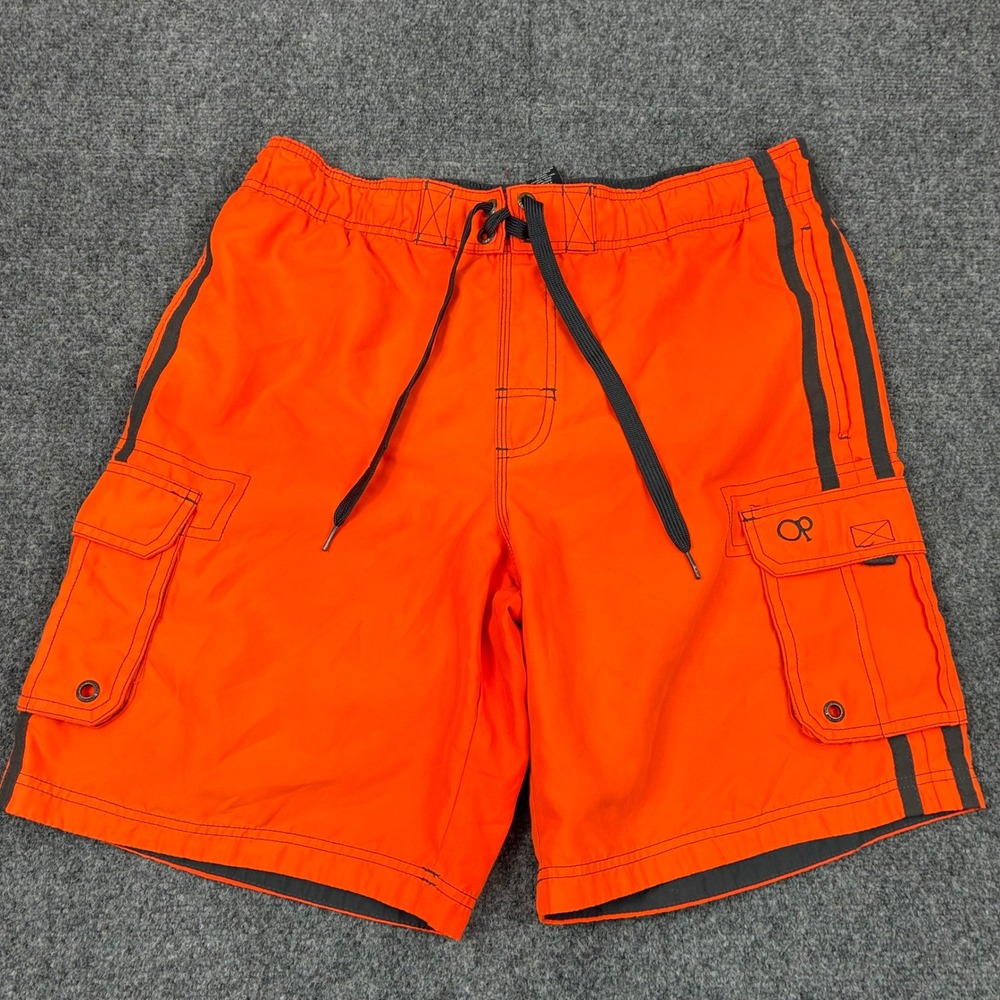 Vintage OP Ocean Pacific Mens Size Medium Cargo Swim Trunks Orange Wild Paprika